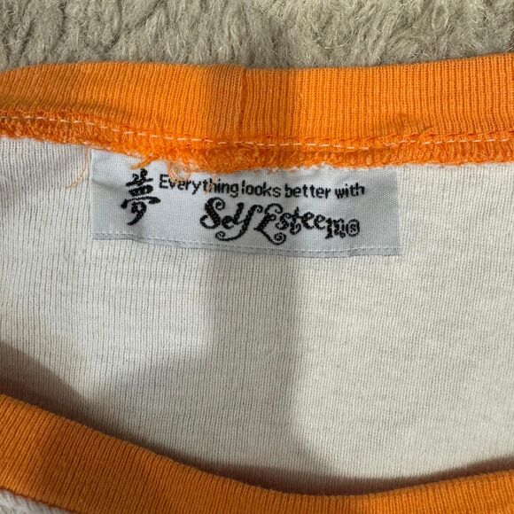 Y2K Ringer Tee M Self Esteem Sunset Beach Surf Print Floral Rhinestone - Picture 8 of 8